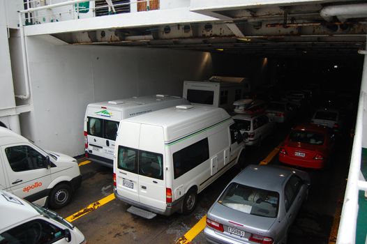 Cars inside ferry, between South and North Island, New Zealand