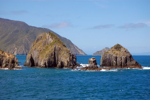 Rocks in ocean, between South and North Island, New Zealand