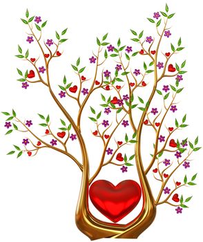 Beautiful golden tree with expensive ruby red hearts, green leafs and lilac flowers as jewelry
