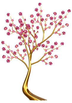 Beautiful golden tree with expensive lilac flowers as jewelry