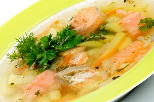 Fish Soup with Salmon, Cod, Trout, Potato, Carrot decorated with Dill and Parsley closeup in Green Plate