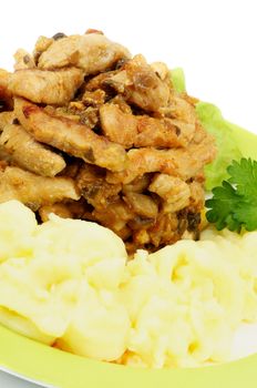 Traditional Russian Dish: Beef Stroganoff with Mashed Potato and Greens on Yellow Plate closeup