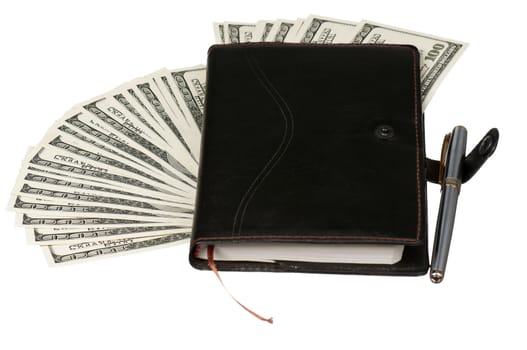 Heap of dollars and notepad isolated on a white background