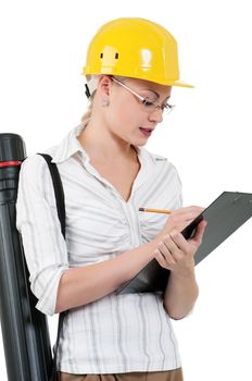 Portrait of attractive architect girl with hard hat - isolated on white background