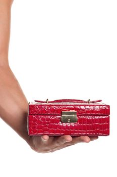 Man holding a red box isolated on white background