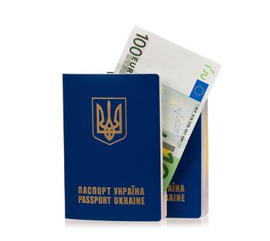 Two international Ukrainian passport with Euro banknotes isolated on background