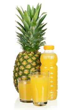 Fresh pineapple juice and ripe pineapple on white background