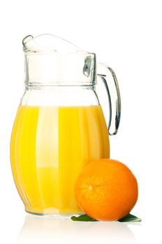 Fresh orange and juice in pitcher on white background