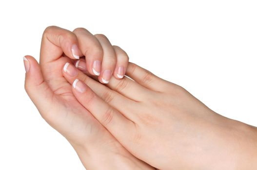 Woman hands with french manicure isolated on white background