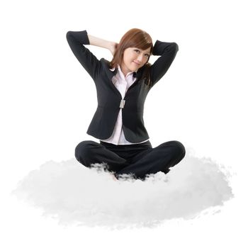 Business woman sit on cloud over sky and stretch arms, relax concept portrait isolated on white background.