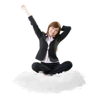 Business woman sit on cloud over sky and stretch arms, relax concept portrait isolated on white background.