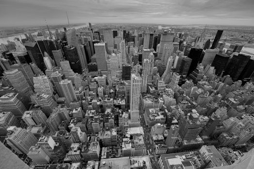 Manhattan view from the observation desk on the Empire State Building. Black and white hight contrast image