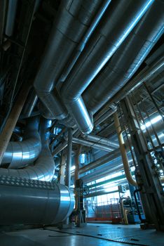 Industrial zone, Steel pipelines and cables in blue tones