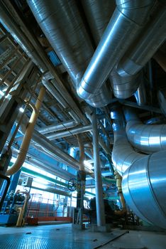 Industrial zone, Steel pipelines and cables in blue tones