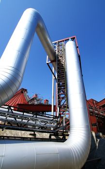 Industrial zone, Steel pipelines and cables in blue tones