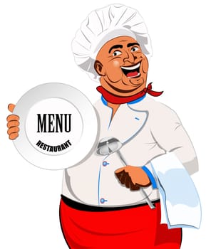 Eastern Chef and big plate on a white background