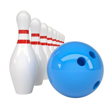 Bowling ball and pins. Isolated render on a white background