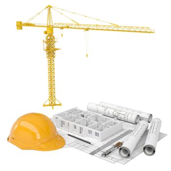 Drawings, tower crane, a helmet and a house under construction. Isolated render on a white background