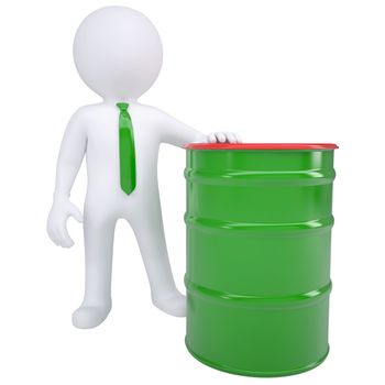 3d white man holding a green barrel. Isolated render on a white background