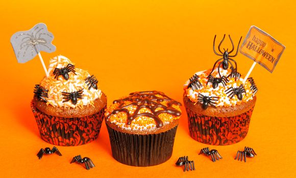 Halloween cupcakes with decoration over orange background