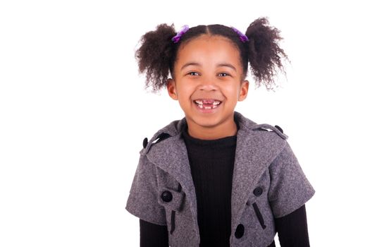 young african girl without teeth on white background