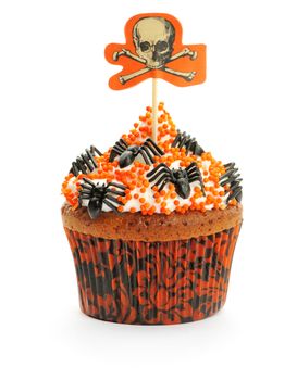 Halloween cupcake with whipped cream and decoration isolated on white