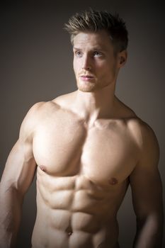 Blond, athletic man with blue eyes and a muscular upper body