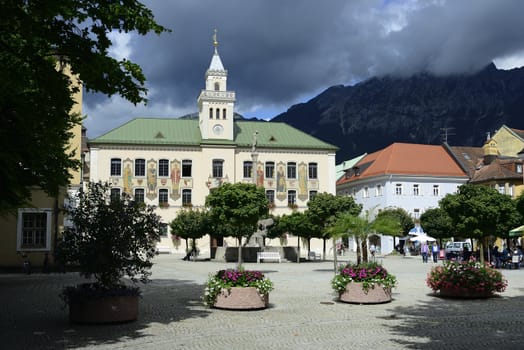 Townhall of Bad Reichenhall in Germany with thunderclouds