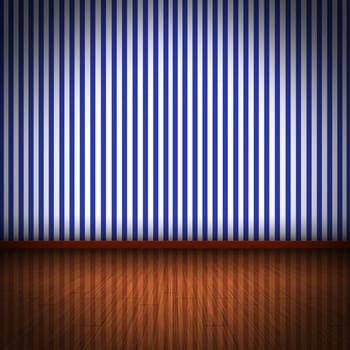 Illustration of a room with wooden floor and wall with blue striped wellpaper