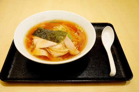 Japanese noodle with soup on tray