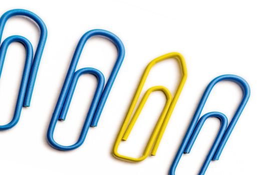 Perspective view of one yellow and lots of blue paper clips on white background