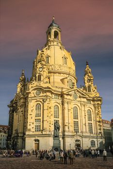 Church named "Frauenkirche" in Dresden Germany on a sunny day with blue sky
