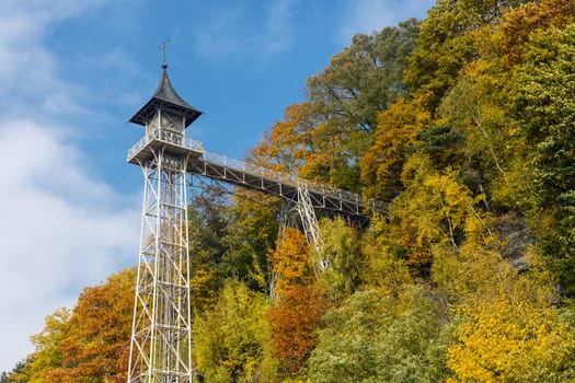 Historical Elevator in Bad Schandau, Saxon Scheiz in Germany, on a sunny autumn day.