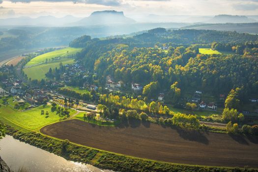 View from viewpoint of Bastei to the table mountain Lilienstein in Saxon Switzerland Germany