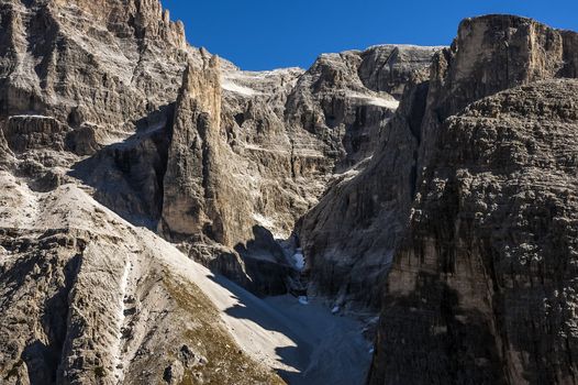 Rock wall in the high mountains in sunny weather in South Tyrol