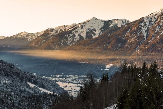 Sunset in the alps in December in Bavaria Germany
