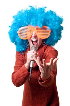 beautiful girl with curly blue wig and turtleneck on white background