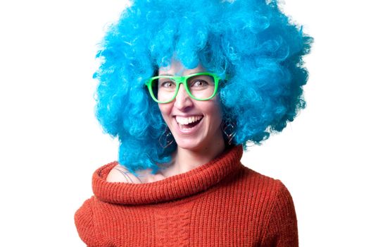 beautiful girl with curly blue wig and turtleneck on white background