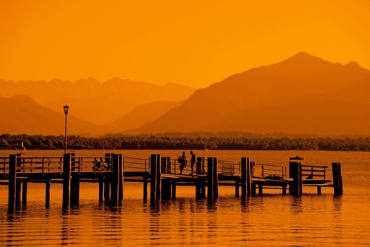 Eveningmood at Chiemsee with red sunlight