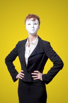 business woman with white mask on yellow background