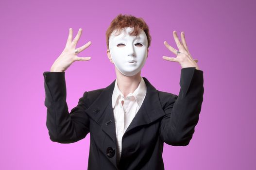 business woman with white mask on pink background