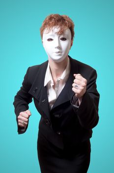 business woman with white mask on blue background