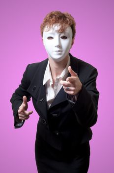 business woman with white mask on pink background