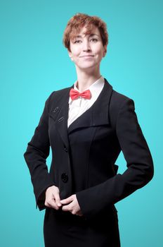 elegant businesswoman with bow tie on blue background