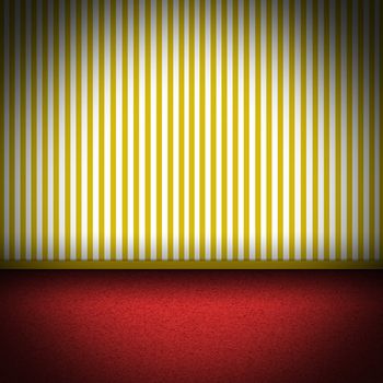Illustration of a room with red carpet floor and yellow striped wellpaper