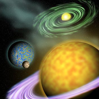 Illustration of a space scene with planets, fog, galaxies, stars