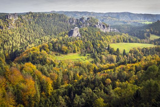 Stones and rocks in Saxon Switzerland Germany on a sunny day in autumn