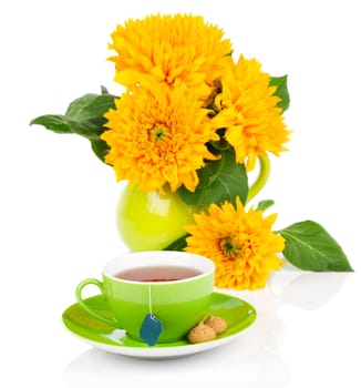 Fresh coffee and tasty croissant and sunflowers, on the white background