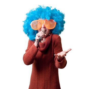 beautiful girl with curly blue wig and turtleneck on white background