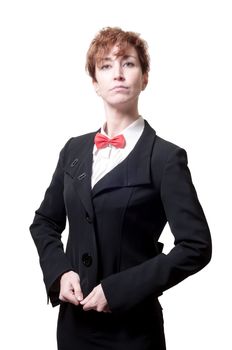 elegant businesswoman with bow tie on white background